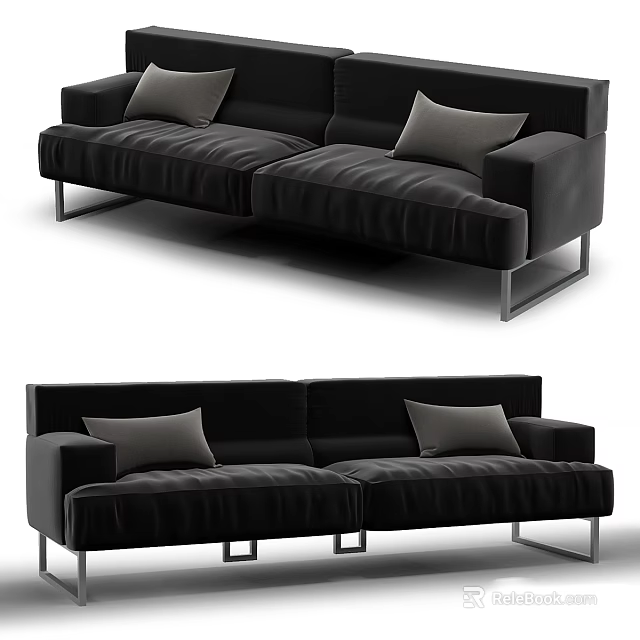 Modern Black Sectional Sofa With Gray Pillows And Metal Legs For Living Room 3d model 