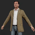 Man In Brown Plaid Blazer White Shirt Blue Jeans With Arms Outstretched Against Dark Background