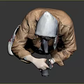 Man With Hoodie In Brown Jacket Blue Jeans Taking Photo With Camera On Gray Background