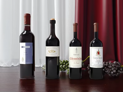 Wine Bottles Displayed With Grapes On Wooden Table Near Curtains 3d model