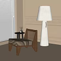 Living Room Floor Lamp With Beige Walls Window Blinds Wicker Seat Chair And Small Table