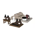 Stylish Bathroom Accessories With Rolled Towels Wooden Tray And Fragrance Bottles