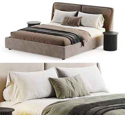 Double Bed with Upholstered Headboard Neutral Linen Bedding Soft Pillows and Black Bedside Tables 3d model