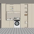 Modern Laundry Room Interior With White Washing Machine Beige Cabinets Window Plants And Storage Shelves