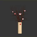 Sculptural Carving of Light Colored Cylindrical Vase with Branches and Red Pink Heart Decorations on Dark Background