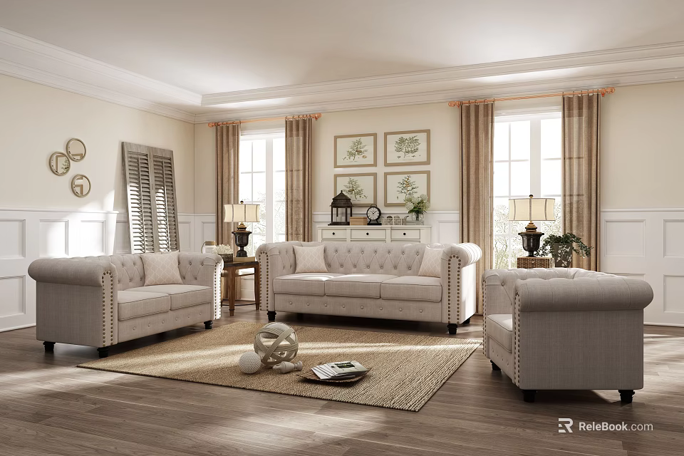 Classic Living Room Interior With Beige Tufted Sofas Wooden Flooring And Area Rug 3d model 