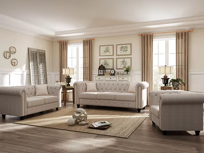 Classic Living Room Interior With Beige Tufted Sofas Wooden Flooring And Area Rug 3d model