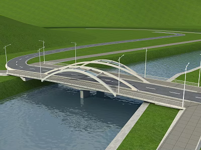 Modern Arch Bridge Over River With Road And Street Lights Surrounded By Green Grass 3d model