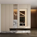 Modern Foyer Hallway Design With Beige Cabinets Marble Accent And Pendant Lights