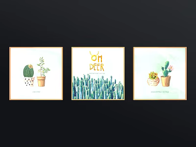 Watercolor Botanical Paintings With Cactus Succulents And Potted Plants For Home Decor 3d model