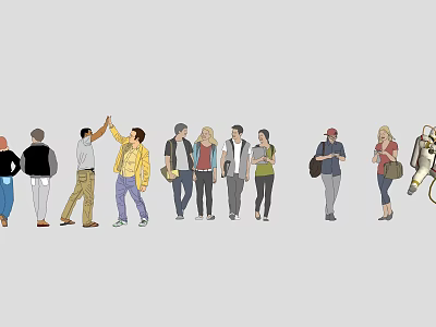 Group of Diverse People Walking Together in Casual Attire with Various Postures and Expressions 3d model