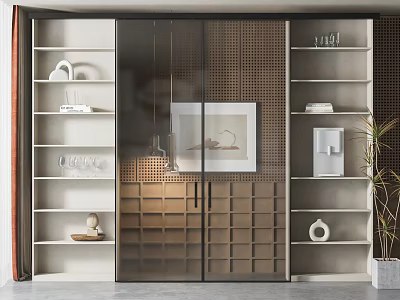 Modern Interior Design With Sliding Glass Doors Shelves And Decorative Elements 3d model