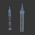 Tall Stone Towers with Pointed Spires and Intricate Decorative Architectural Details
