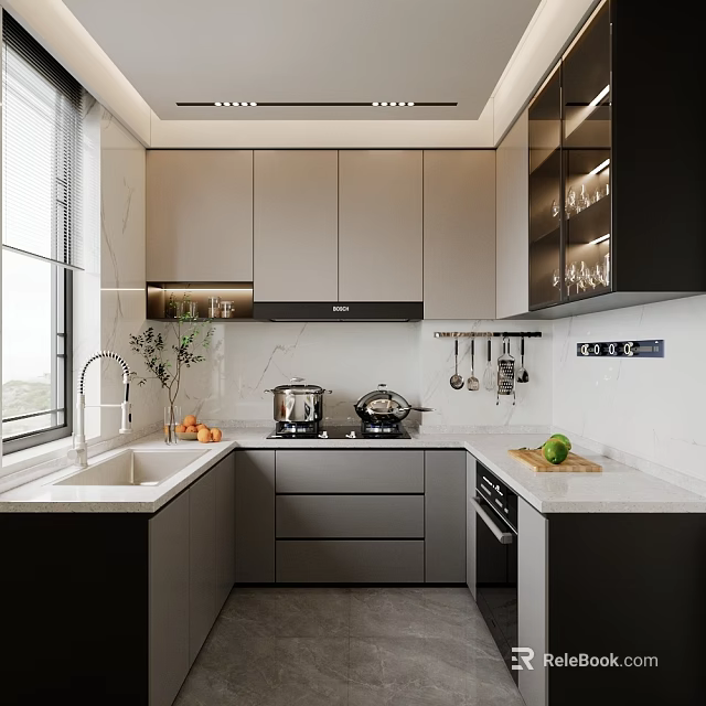 Modern Kitchen Interior With Gray Cabinets Marble Countertop Sink Appliances And Hanging Utensils 3d model 