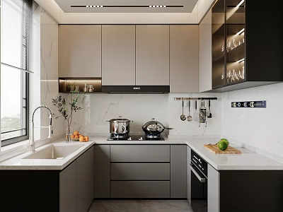 Modern Kitchen Interior With Gray Cabinets Marble Countertop Sink Appliances And Hanging Utensils 3d model