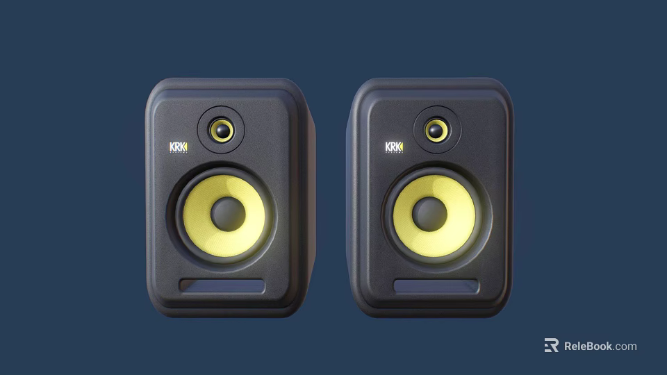 Pair of KRN Black Speakers With Yellow Driver Units For Audio Experience 3d model 