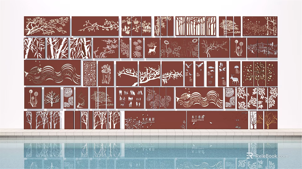 Feature Wall With Various Natural Patterns And Red Background Designs Including Trees Animals Waves 3d model