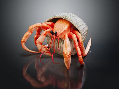 Vibrant Hermit Crab Carrying Shell With Orange Pincers And Legs Against Black Background With Reflection 3d model