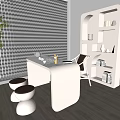 Modern Minimalist Tea Room Interior With Tea Table White Bookshelf Green Plant And Stools