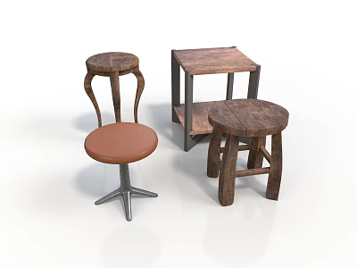 Rustic Wooden Stools And Side Tables With Curved Legs Metal Frame And Brown Seat 3d model
