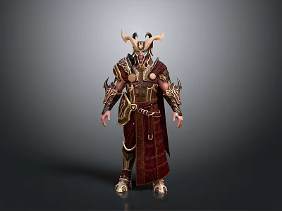 Woman Dressed In Mythical Warrior Armor With Horned Helmet Red Robe And Gold Accents 3d model