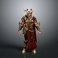 Woman Dressed In Mythical Warrior Armor With Horned Helmet Red Robe And Gold Accents