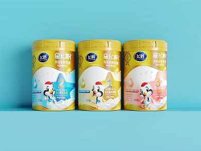 Display Shelves With Yellow Milk Powder Cans And Cartoon Patterns On Blue Background 3d model