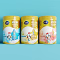 Display Shelves With Yellow Milk Powder Cans And Cartoon Patterns On Blue Background