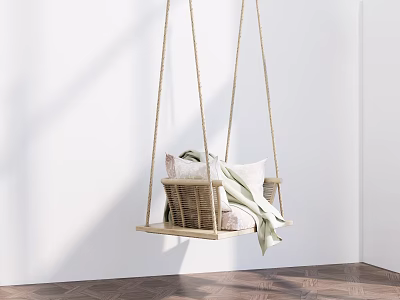 Cozy Wicker Hanging Chair With Soft Pillows And Blanket In Minimalist Room 3d model