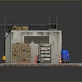 Small Construction Shed With Roof Structure Platform Base Blue Barrels Yellow Tools And Traffic Cone