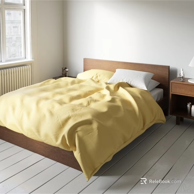 Cozy Bedroom Bedding Set With Yellow Duvet Wooden Headboard And Nightstands 3d model 