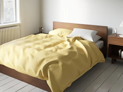 Cozy Bedroom Bedding Set With Yellow Duvet Wooden Headboard And Nightstands 3d model