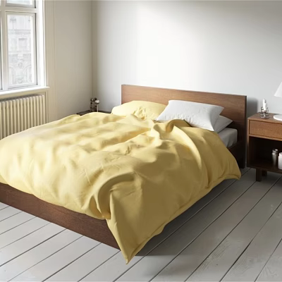 Cozy Bedroom Bedding Set With Yellow Duvet Wooden Headboard And Nightstands 3d model