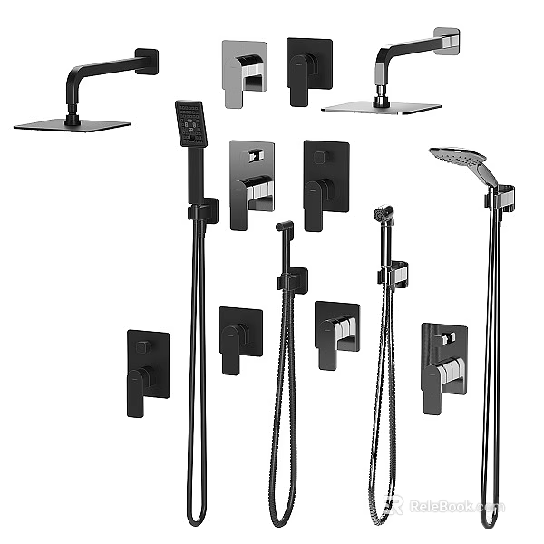 Modern Shower System Components with Various Head Designs and Handheld Attachments 3d model