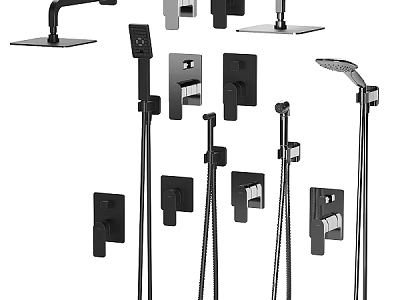 Modern Shower System Components with Various Head Designs and Handheld Attachments 3d model