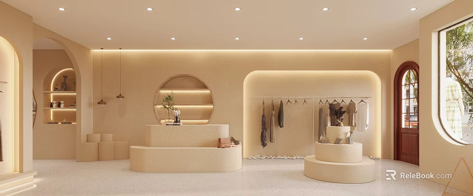 Modern Clothing Store Interior With Circular Decor Staircase Platforms And Hanging Garments 3d model 