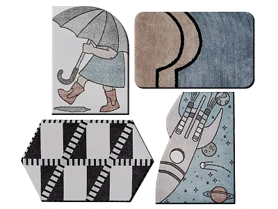 Stylish Shaped Carpets with Girl Umbrella Elephant Geometric Rocket Planet Designs 3d model