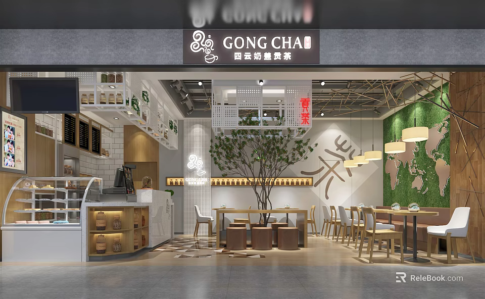 Modern Milk Tea Shop Interior With Wooden Tables Chairs Green Plant And Counter Wall Art 3d model 