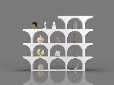 Modern White Decorative Cabinet With Shelves Displaying Various Vases And Ornaments 3d model