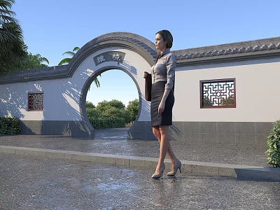 Traditional Chinese Archway With Enclosure Wall Lattice Windows Green Plants Stone Path and Woman 3d model