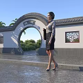 Traditional Chinese Archway With Enclosure Wall Lattice Windows Green Plants Stone Path and Woman