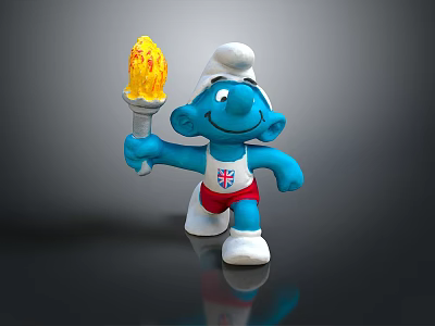 Game Movie Character Smurf Smiling Holding Torch Wearing UK Flag Vest Red Shorts White Hat 3d model