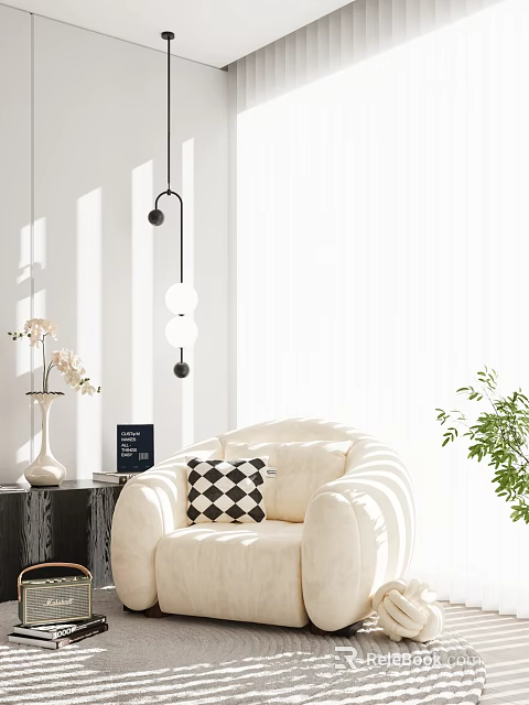 Cream Single Sofa With Checkered Cushion In Minimalist Living Room With Side Table And Natural Light 3d model 