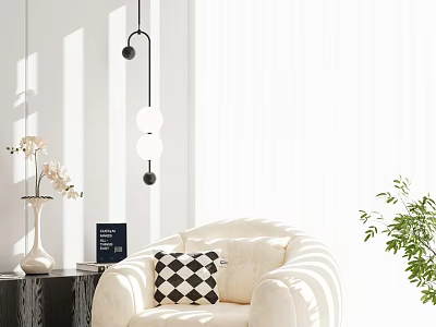 Cream Single Sofa With Checkered Cushion In Minimalist Living Room With Side Table And Natural Light 3d model