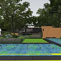 Modern Residential Landscape With Lush Trees Greenery Water Feature Flower Beds And Paved Area