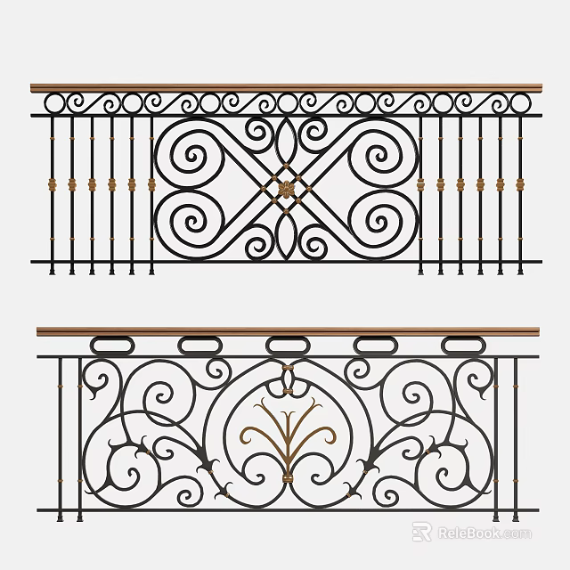 Ornate Wrought Iron Fence With Intricate Scroll Patterns And Gold Accents 3d model 
