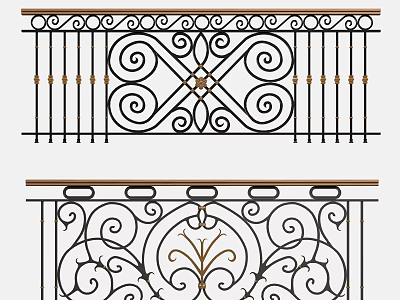 Ornate Wrought Iron Fence With Intricate Scroll Patterns And Gold Accents 3d model