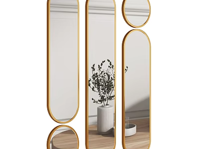 Gold Framed Oval Mirrors Decor Modern Interior With Plant Reflection And Light 3d model