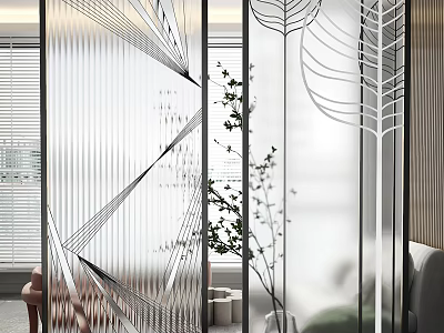 Modern Glass Room Divider With Geometric Lines And Leaf Patterns In Interior Space 3d model