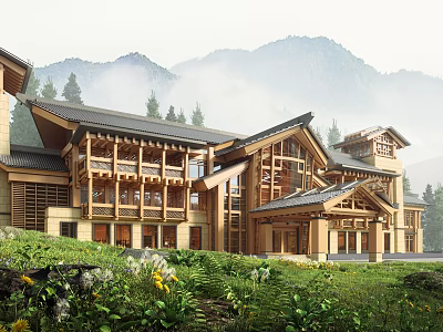 Traditional Wooden Architecture With Eaves Roof Surrounded By Greenery And Misty Mountains 3d model